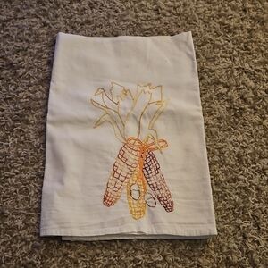 Hand Crafted White Kitchen Towel with Embroidered Fall Corn Design